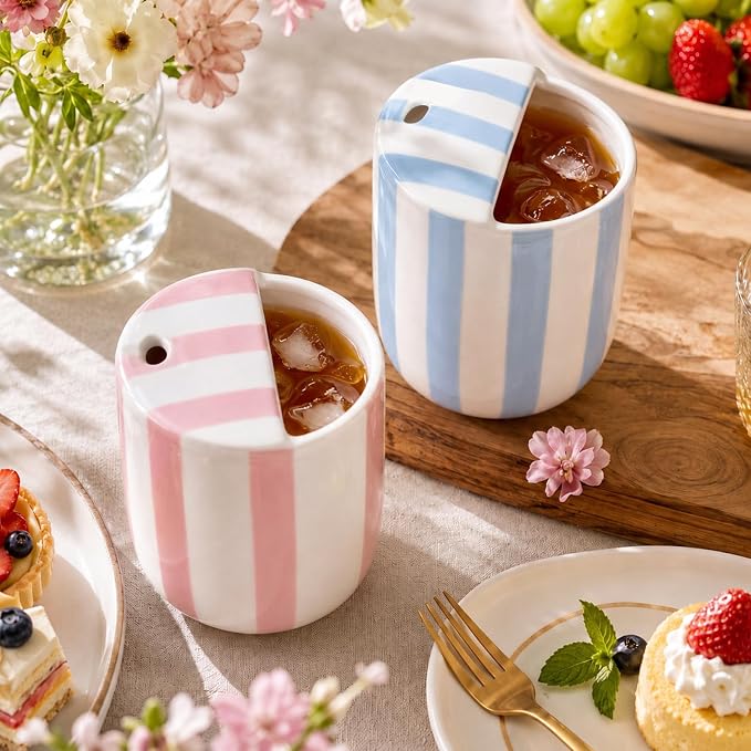 2 Pcs Ceramic Mug with Sip Hole 10 oz Novelty Pink Light Blue Striped Coffee Mug Hand Painted Ceramic Cup Heat Resistant Non Slip Built in One Lid Handcraft Mugs for Coffee Lovers Gift - Image 4