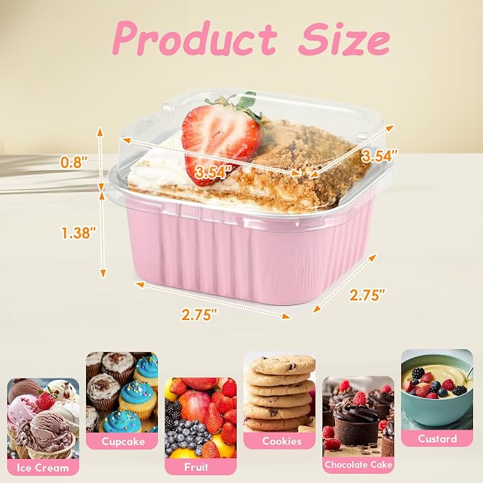 Mini Square Baking Cups with Lids, 50 Pcs Pink 5oz Aluminum Foil Cupcake Tins with Lids, Disposable Ramekins Flan Cake Pans Tins for Souffle, Dessert, Valentine, Wedding, Party Small Cake Containers - Image 5