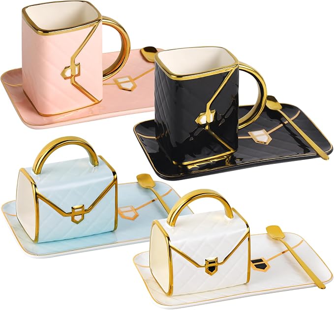 Handbag Coffee Mug Set of 4, Handbag Coffee Mug, Purse Coffee Ceramic Mug Set 10 Oz/ 310 ml Cute Creative Design Travel Tea Cup for Women Men Father's Day Thanksgiving Christmas Gifts | White Pink Blue Black,Handbag-inspired,coffee or tea,Ceramic,10 Oz... by Fovima