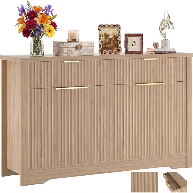 Cyclysio 55" Fluted Buffet Cabinet with Drawers, Modern Sideboard Credenza with Adjustable Shelves, Coffee Bar Table with Storage for Dining Room, Entryway, Kitchen, Natural Oak by Cyclysio