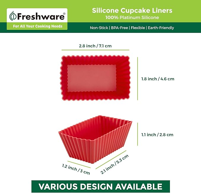 Freshware Cupcake Liners, Pack of 12 Silicone Muffin Cups, 2.8 Inch Baking Cups, Reusable & Non-stick Cupcake Liners for Party Halloween Christmas, Rectangular