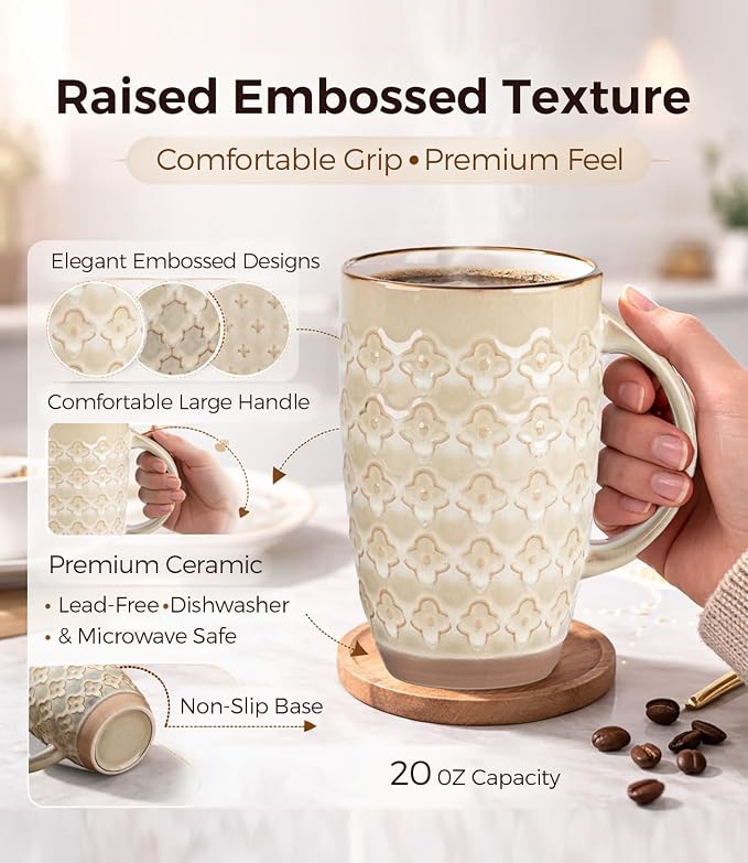 GBhome 20oz Large Coffee Mugs Set of 6, Handmade Tall Ceramic Coffee Mugs with Texture Patterns for Cappuccino, Latte,Hot Cocoa, Dishwasher & Microwave Safe-Pale Khaki - Image 3