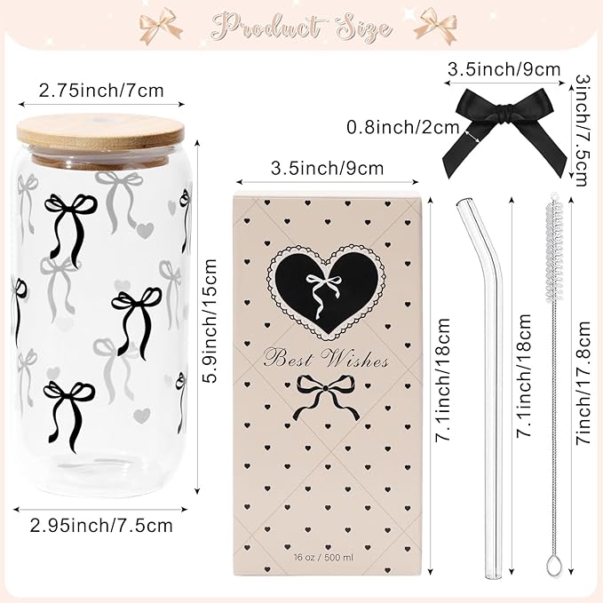 Coquette Black Bow Aesthetic Cup With Gift Box 16oz Glass Cup with Lids Straws and Black Bow Iced Coffee Smoothie Cute Tumbler with Cleaning Brush for Girls Bestfriend Sister Girlfriend