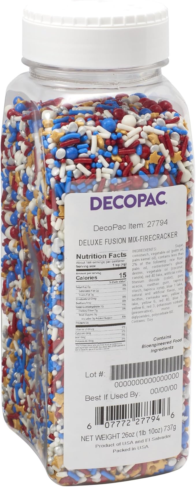 DECOPAC Firecracker Deluxe Fusion Mix, 26oz, Fancy Patriotic Candy Sprinkles in Handheld Container, Edible Sprinkles For Celebration Cakes, Cupcakes, Cookies and Donuts, Red, White, and Blue by Decopac