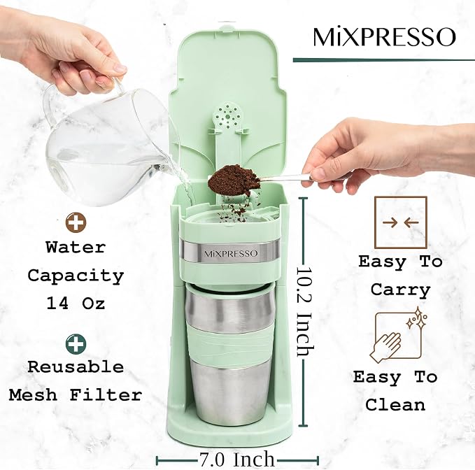 Mixpresso Single Serve & Single Cup Coffee Maker with 14oz Travel Mug Green | For ground coffee only, reusable filter, auto shut off. Compact personal drip coffee maker, not compatible with K-Cup pods. - Image 2