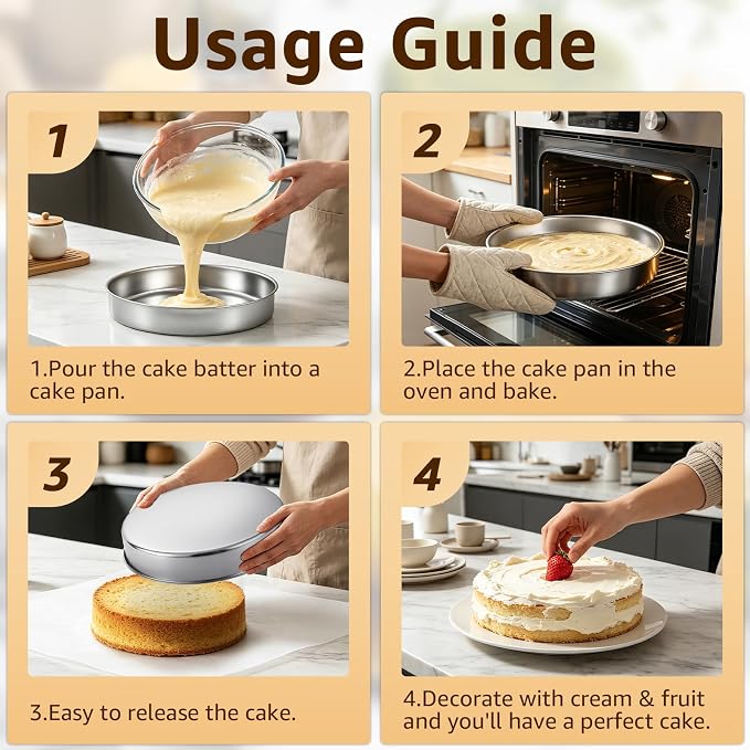 Inqibee 8 Inch Round Cake Pan Set of 2, Stainless Steel Textured Bottom | Tri-ply Stainless Steel, Rolled Rim Layer Cake Bakeware, Oven & Dishwasher Safe, Healthy Non-Toxic for Birthday Wedding Cake - Image 4