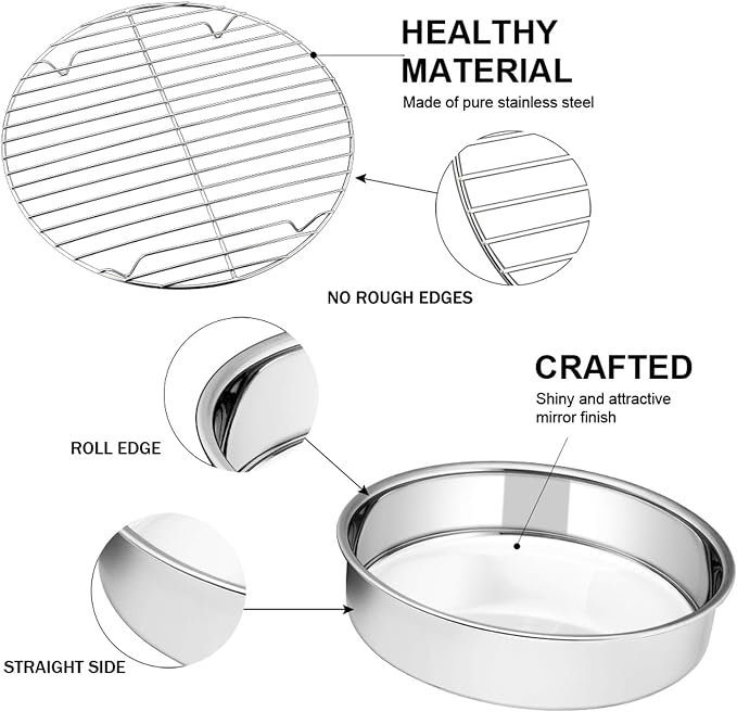 E-far 9½-inch Cake Pan with Rack Set, Stainless Steel Round Cake Pans and Baking Cooling Racks, Non Toxic & Healthy, Mirror Polished & Dishwasher Safe - 4 Pieces (2 Pans + 2 Racks) - Image 3