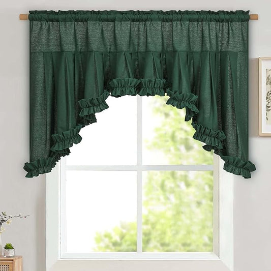 Likiyol Linen Valances for Windows Farmhouse Ruffle Swag Valance Rustic Country Window Valances Light Filtering Kitchen Curtains Rod Pocket Valance Curtains for Bathroom Cafe, Dark Green, 60"W x 36"L by Likiyol