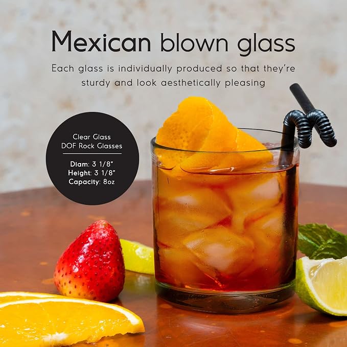 Clear Blown 8 oz DOF Rocks Glasses (set of 6) - Hand Blown Mexican Glassware Recycled Glass Drinking Glasses for Water, Juice, Margarita, Cocktails & Whiskey, Toxin Free - Image 2