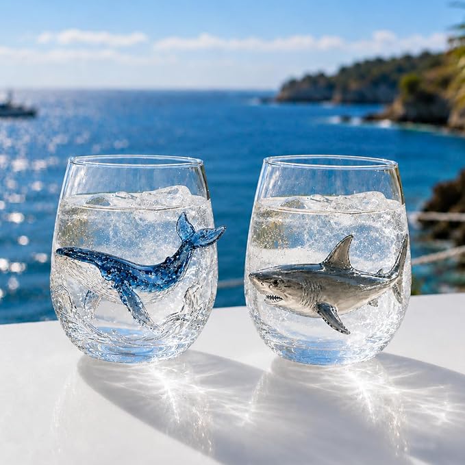 Coastal Stemless Wine Glasses Set of 4, 12oz 3D Ocean Animal Artisan Glassware Collection with Unique Sea Life Designs (K - Set of 2) by Lifmagic