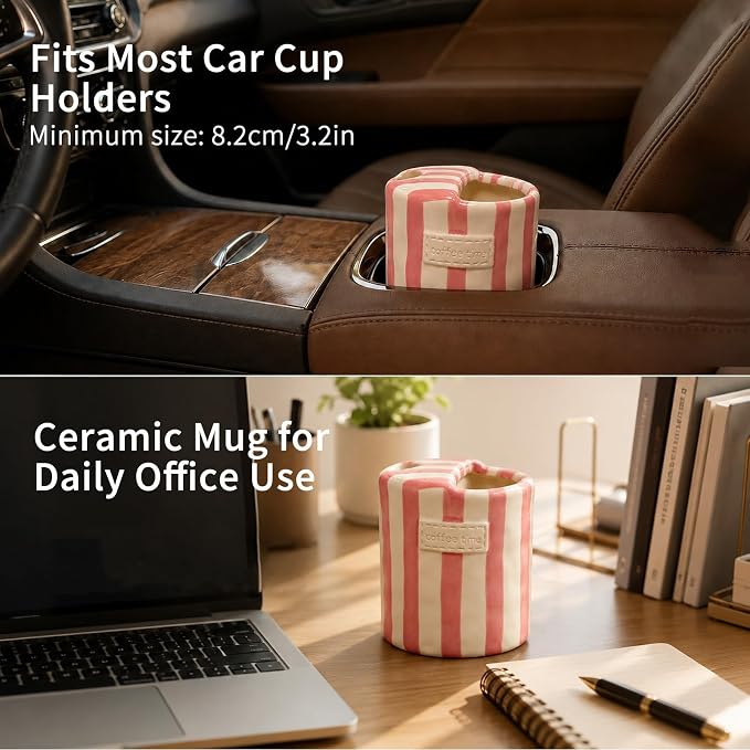 Ceramic Coffee Mug with Sip Hole, 12oz Striped Ceramic To Go Coffee Cup, Cute Aesthetic Mug for Espresso Latte Cappuccino, Handmade Glazed Cup for Home Office Gift Use, Pink - Image 6