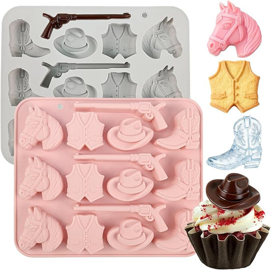 Western Theme Silicone Molds, 2-Pack Cowboy Chocolate Mold 15-Cavitiy | Cowboy Candy Molds with Hat Boot Horse for Cake Decorations Ice Cubes Gummy Cookies Jelly Soaps Candles by SIQINZONGWA