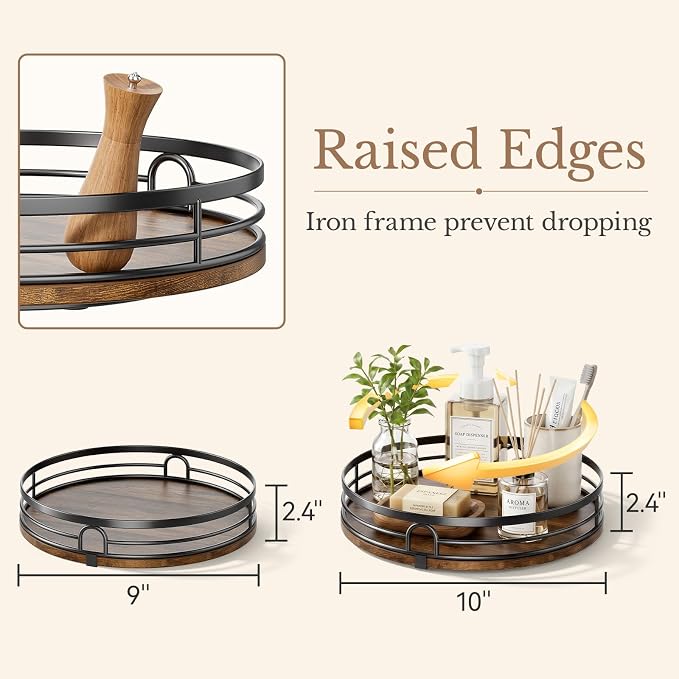 2 Pack 9" 10" Lazy Susan Turntable Organizer for Table Top | Round Wooden Lazy Susan for Cabinet, Countertop, Pantry, Spice, Kitchen, Bathroom Vanity, Coffee, Home Decor - Image 2