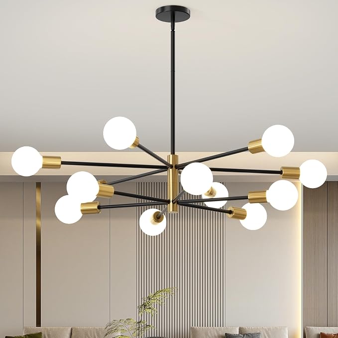 Sputnik Chandeliers Moderna Light Fixture, 12 Lights Black and Gold Mid Century Ceiling Chandelier, Height Adjustable for Living Room, Kitchen, Dining Room, Bedroom,Foyer by Unknown
