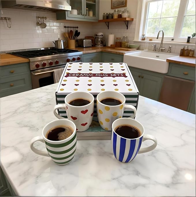 Colorful Porcelain Mug Set of 4 Include Stripes, Polka Dot & Heart Ceramic Coffee Mugs, Gift Boxed Kitchen Cup Set, Bright Everyday Cups for Family, Office & Parties,Housewarming Gift - Image 2
