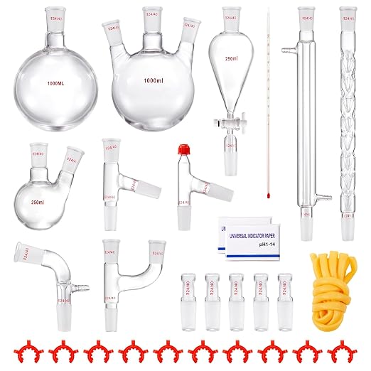 VEVOR Lab Distillation Kit, 3.3 Boro Lab Glassware Distillation Kit with 24, 40 Joint, 1000ml Essential Oil Distillation Apparatus Kit, 29 pcs Set of Glassware Equipment by VEVOR