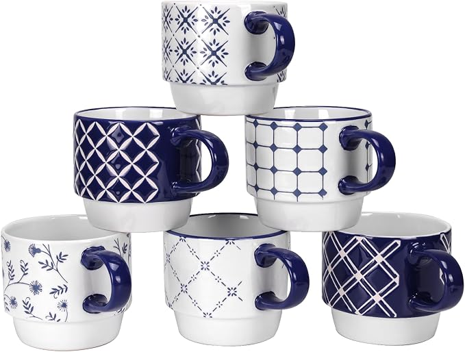 Schliersee 12 OZ Stackable Ceramic Coffee Mugs set of 6, Geometric Floral Pattern Small Mug, Blue White Porcelain Coffee Mug, Stacking Coffee Mugs, Tea Mug, Water Cup, Dishwasher Safe, Microwave Safe by Schliersee