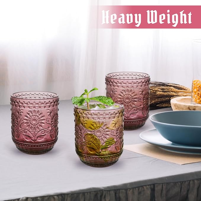 Topsky Vintage Drinking Glass Set of 4,12 oz Embossed Floral Drinkware Set,Pink Purple Drinking Glasses Cups Wine Glasses Colored Glassware for Whisky,Beer,Juice,Cocktail,Heavy Duty - Image 7