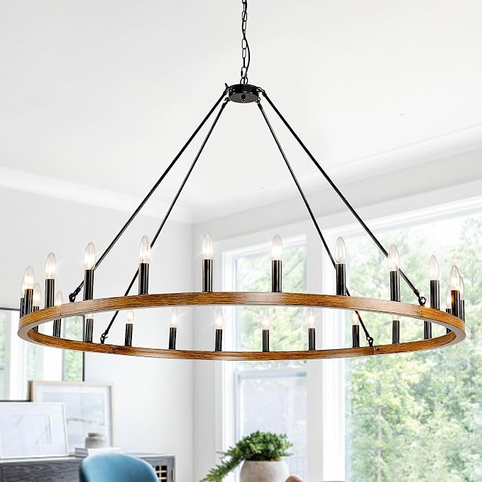 WJShome 24-Light Black and Khaki Wagon Wheel Chandelier, 54" Large Chandeliers for High Ceilings, Farmhouse Dining Room Light Fixture, Modern Chandeliers for Living Room, Foyer, Entryway by SofaFurniture