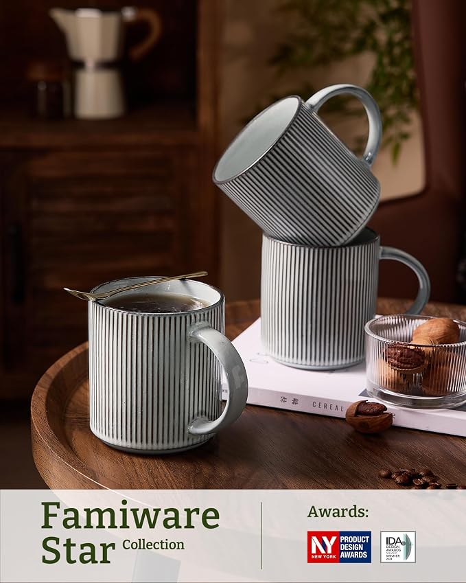 famiware Coffee Mug Set for 4, Star 16 oz Catering Mugs Cup Set with Handle for Coffee, Tea, Cocoa, Milk - Ceramic Stoneware Drinkware Set, Smoky Blue - Image 3