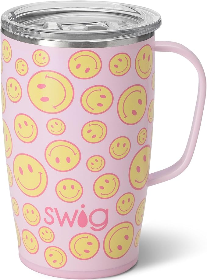 Swig Life 18oz Insulated Travel Mug with Handle & Lid, Oh Happy Day | Triple Insulated Stainless Steel - Handle & Lid Included - Keeps Coffee Hot or Cold - Cup Holder Friendly by SwigLife