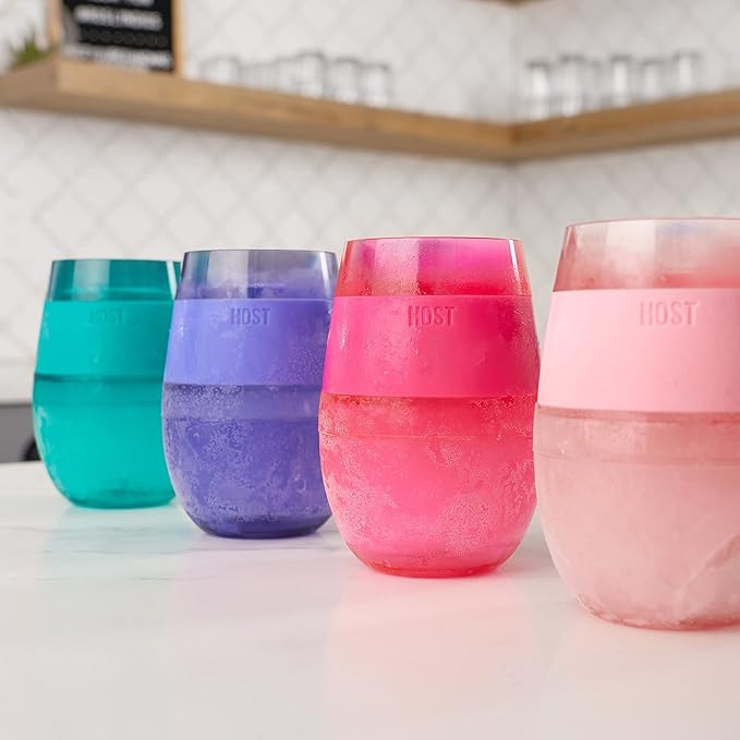 HOST Cooling Cup Set of 4 Plastic Double Wall Insulated Freezable Drink Chilling Tumbler with Freezing Gel, Wine Glasses for Red and White Wine, 8.5 oz, Assorted Translucent Colors
