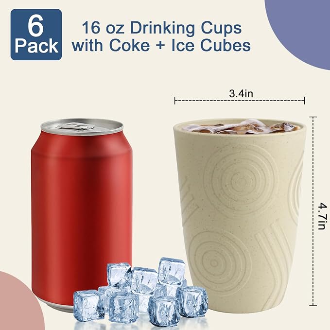 Wheat Straw Cups 6 PCS - 16 OZ Cup Set, Unbreakable Drinking Glasses, Kids Cup Set for Kitchen, Alternative to Plastic Cups Reusable Dishwasher Safe Water Tumbler (Beige) - Image 3