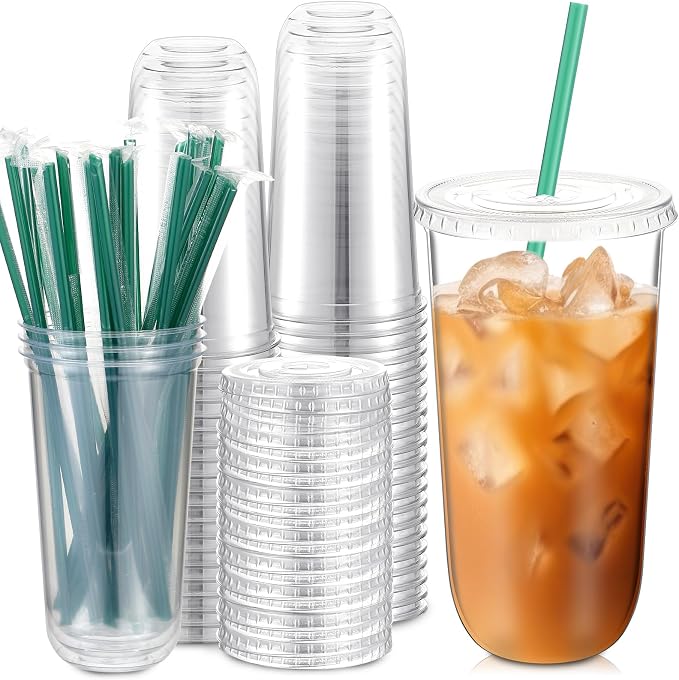 Baderke 25 Set Plastic Cups with Lids and Straws, Disposable Plastic Iced Coffee Cup for Cold Beverage Juice Smoothie Crystal for Coffee Shops Party Catering(Clear,20 oz) by Baderke