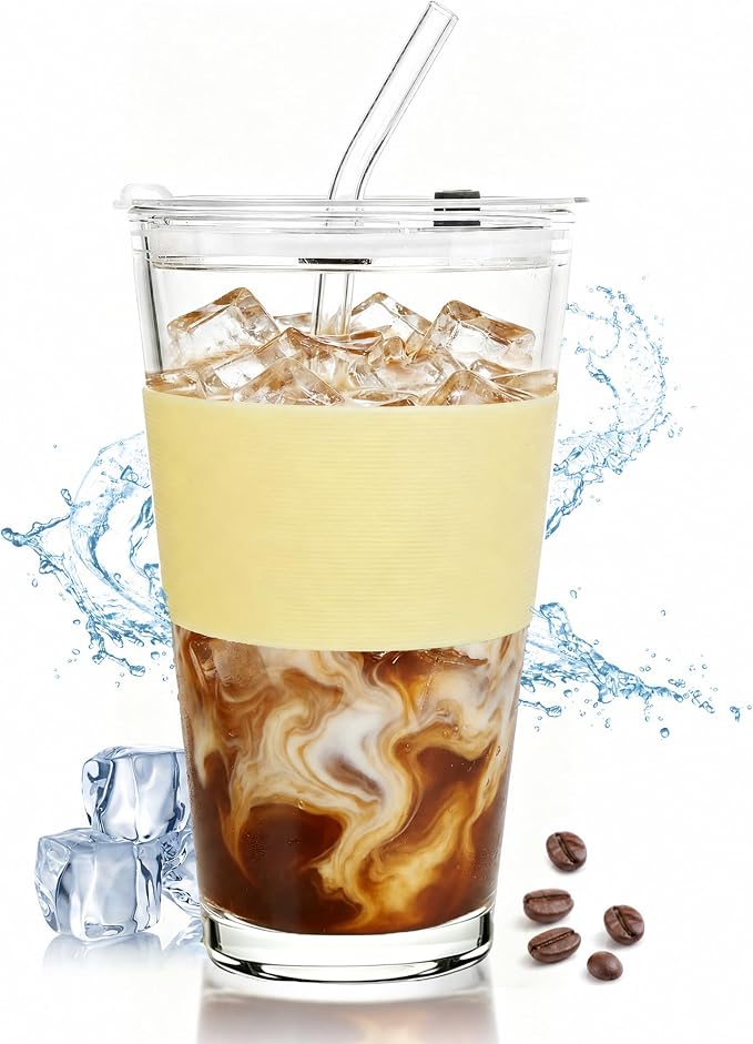 Birity 16oz Glass Cups with Lids and Straws,Glass tumbler With Straw and Lid-Reusable Iced Coffee Cups for Tea, Juice, Smoothies, Mason Jar Drinking Cup for Hot/Cold Drinks at Home,Office,Travel by 24ozRibbedGlassCup