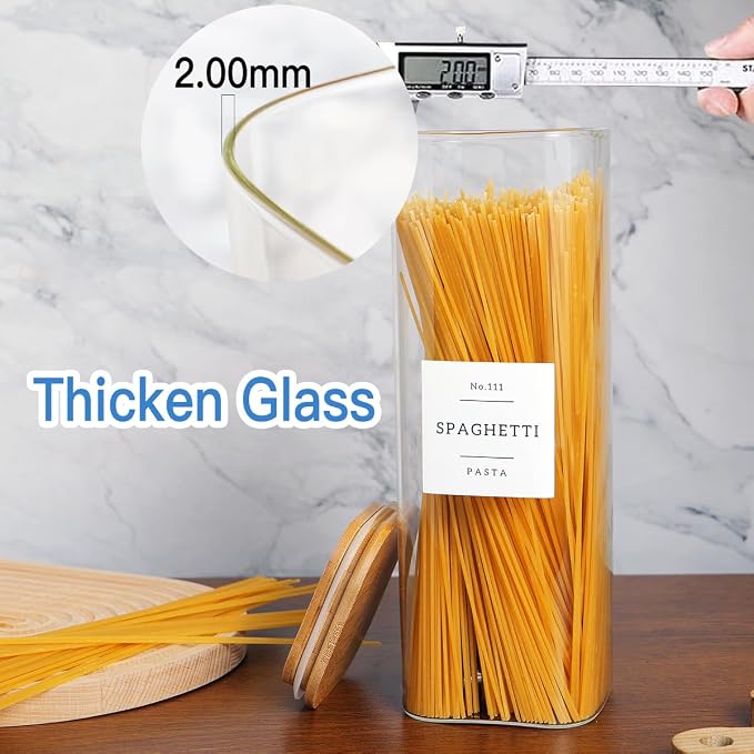 CZZGSM 5 Pack Square Glass Pantry Storage Containers with 132 Kitchen Food Pantry Labels - Clear Glass Jars with Airtight Wood Bamboo Lids - Glass Canisters for Cookies, Nuts, Cereal - Image 6