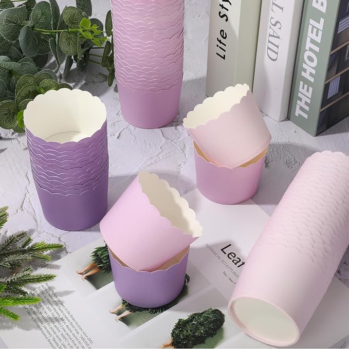 Whaline 120Pcs Purple Paper Baking Cups Scalloped Edge Cupcake Wrappers Gradient Purple Cupcake Muffin Cases for Wedding Birthday Baby Shower, 3 Colors - Image 3