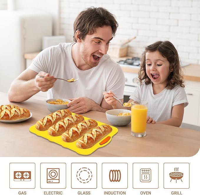 Silicone Bread Loaf Pan, 4-cavity Non-Stick Baguette Bread Pan Heat Resistant Hot Dog Bun Mold, for Sub Roll Baking Pan Bread Pans for Homemade Bread（Yellow）