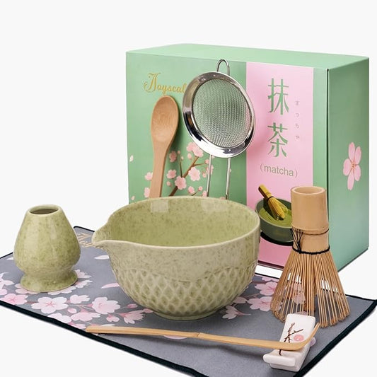 Joyscale Matcha Whisk Set, Matcha Set Whisk And Bowl, 8 Pcs Matcha Kit Set(Texture Design), 16 OZ, Japanese Matcha Tea Set, Matcha Making Kit Gifts for Tea Lovers(Macha Green)