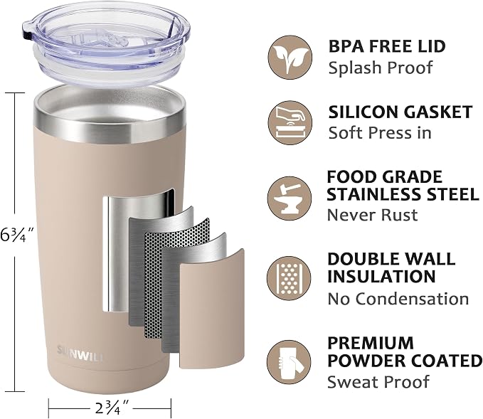 SUNWILL Travel Coffee Tumbler 20 oz, Insulated Mug with Lid, Stainless Steel Cup for Outdoor, Powder Coated Taupe - Image 2