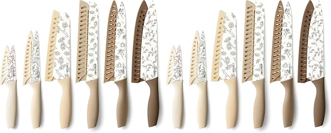 CAROTE 12PCS Knife Set, Kitchen Knife Set with 6 Blade Guards, Stainless Steel Knives Set With Nonstick Ceramic Coating, Rustproof, Delicate Floral Designs, White (Pack of 2) by CAROTE