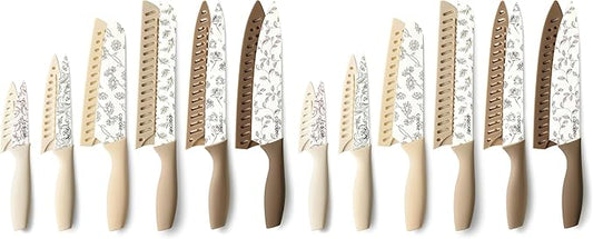 CAROTE 12PCS Knife Set, Kitchen Knife Set with 6 Blade Guards, Stainless Steel Knives Set With Nonstick Ceramic Coating, Rustproof, Delicate Floral Designs, White (Pack of 2) by CAROTE