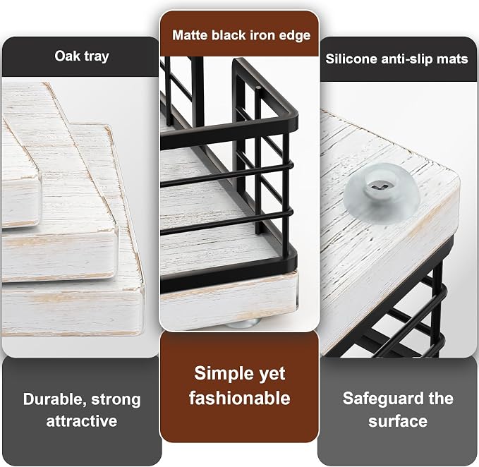 Wican Guest Towel Holder Tray for Bathroom, Oak and Iron Napkins Holder | Powder Room Dining Table Wooden Basket for Disposable Paper Hand Towels, Black and Farmhouse White - Image 4