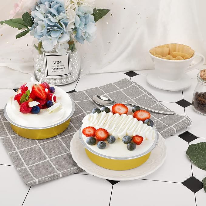 Beasea Disposable Pie Tins 4 Inch, 100 Pack Mini Tart Pans with Lids, 8 Oz Golden Aluminum Pie Pan Tin Tart Pans Round Oven Baking Mini Cake Pan for Pie Tart Quiche - Image 4