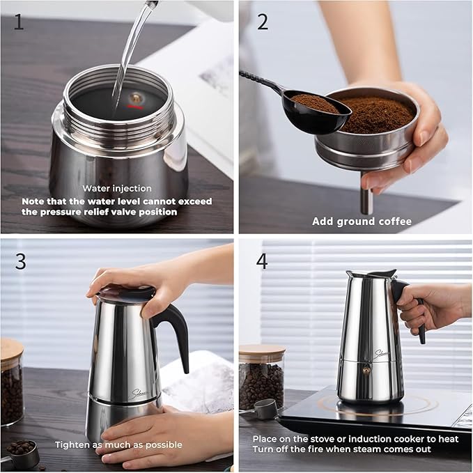 Espresso Maker 6 Cup Moka Pot Stainless Steel Percolator coffee pot, Compatible with Gas, Electric, Ceramic, and Induction stovetops(10 fl oz/300 ml)
