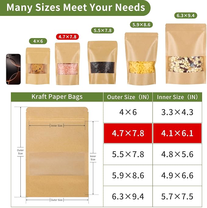 Kraft Paper Bags with Transparent Window, Stand Up Pouches Smell Proof Bags | 100 Pcs 4.7x7.8 Inch Resealable Bags for Small Business, Zipper. Food Storage, for Packaging Snacks Cookies Candy - Image 4