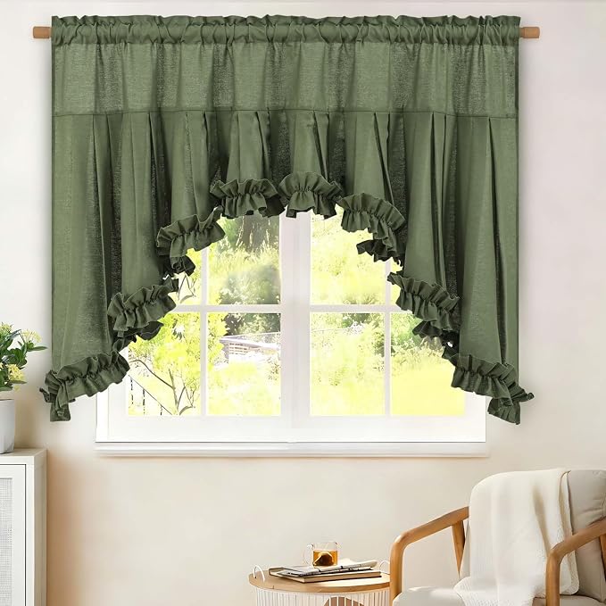 Likiyol Linen Valances for Windows Farmhouse Ruffle Swag Valance Rustic Country Window Valances Light Filtering Kitchen Curtains Rod Pocket Valance Curtains for Bathroom Cafe, Green, 60" W x 36" L - Image 9