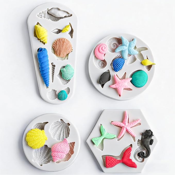 HKNMTT Marine Themed Silicone Mold for Polymer Clay Fondant, Seashell Mermaid Tail Starfish Ocean Seahorse Air Dry Clay Craft Cake Decor Wax Melt Chocolate Candy Mould DIY Cupcake Toppers BPA Free by HKNMTT