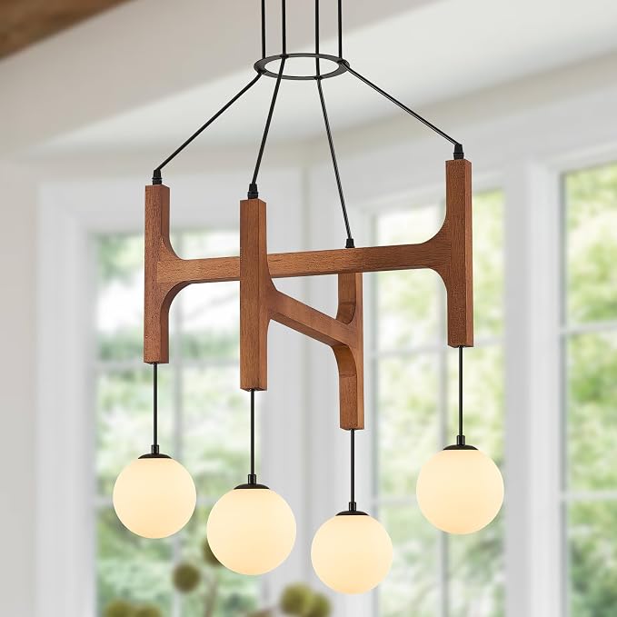 Rustic Wood Chandeliers with Milk Glass Globes Lampshades L24 '' Unique Mid Century Long 4-Light Pendant Chandelier Wood Stained Walnut Farmhouse for Living Dining Room Entryway Bedroom Kitchen,G9 by PoemoonLighting