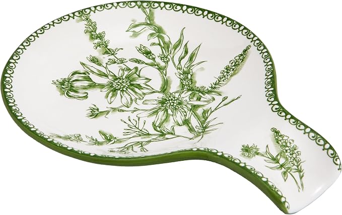 Bico Green Garden Toile De Jouy Spoon Rest for Stove Top, Ceramic Spoon Holder for Kitchen Counter, Easy to Clean Coffee Spoon Rest Dishwasher Safe, Kitchen Cooking Utensil Rest for Ladles Spatula by Bico