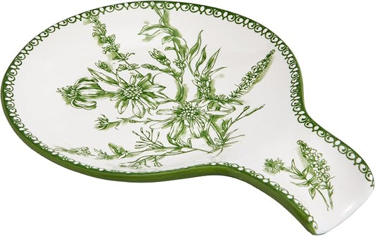 Bico Green Garden Toile De Jouy Spoon Rest for Stove Top, Ceramic Spoon Holder for Kitchen Counter, Easy to Clean Coffee Spoon Rest Dishwasher Safe, Kitchen Cooking Utensil Rest for Ladles Spatula by Bico