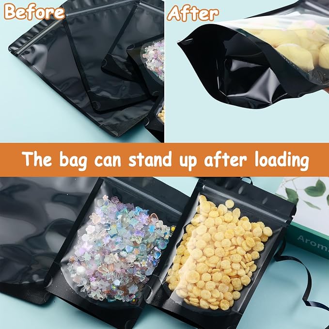 150 Pcs Mylar Bags for Food Storage, 8x12 Mylar Bag with Window Stand Up, Large Black Resealable Bags Smell Proof Bag Food Packaging for Small Business Freeze Dried Candy Jewelry Foil Packaging - Image 5