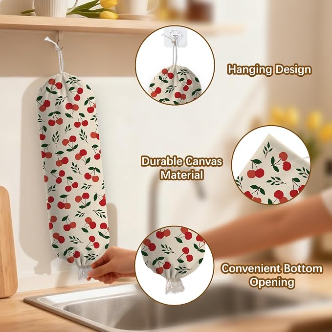Plastic Bag Holder Cherry Bag Holder Dispenser, Plastic Grocery Bag Organizer & Wall Mount Paper Trash Bags Saver Storage for Kitchen Home Pantry Decor, Shopping Bags Storage Dispenser - Image 3