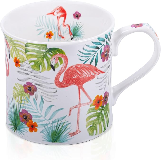 Flamingo Coffee Mug, Pink Flamingo & Tropical Plants Ceramic Mug, 12oz New Bone China Tea Mug, Birthday & Summer Gift for Women & Girls, Designed in England by Harvest Green Studio by MFoffice