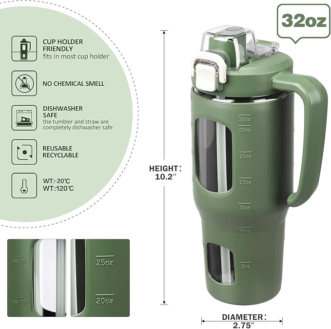 32oz Glass Tumbler with Straw Handle and 2-IN-1 Sip & Spout Lid, Reusable Iced Coffee Cup for Smoothie, Matcha, Leakproof Glass Water Bottle with Straw and Silicone Sleeve, BPA Free-Olive