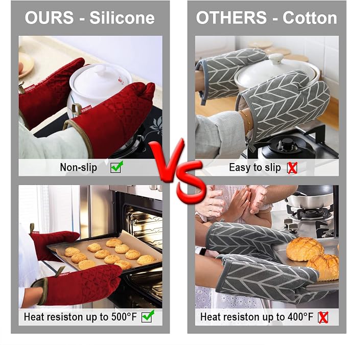 KEGOUU Oven Mitts and Pot Holders 6pcs Set, Kitchen Oven Glove High Heat Resistant 500 Degree Extra Long Oven Mitts and Potholder with Non-Slip Silicone Surface for Cooking (Red) - Image 5